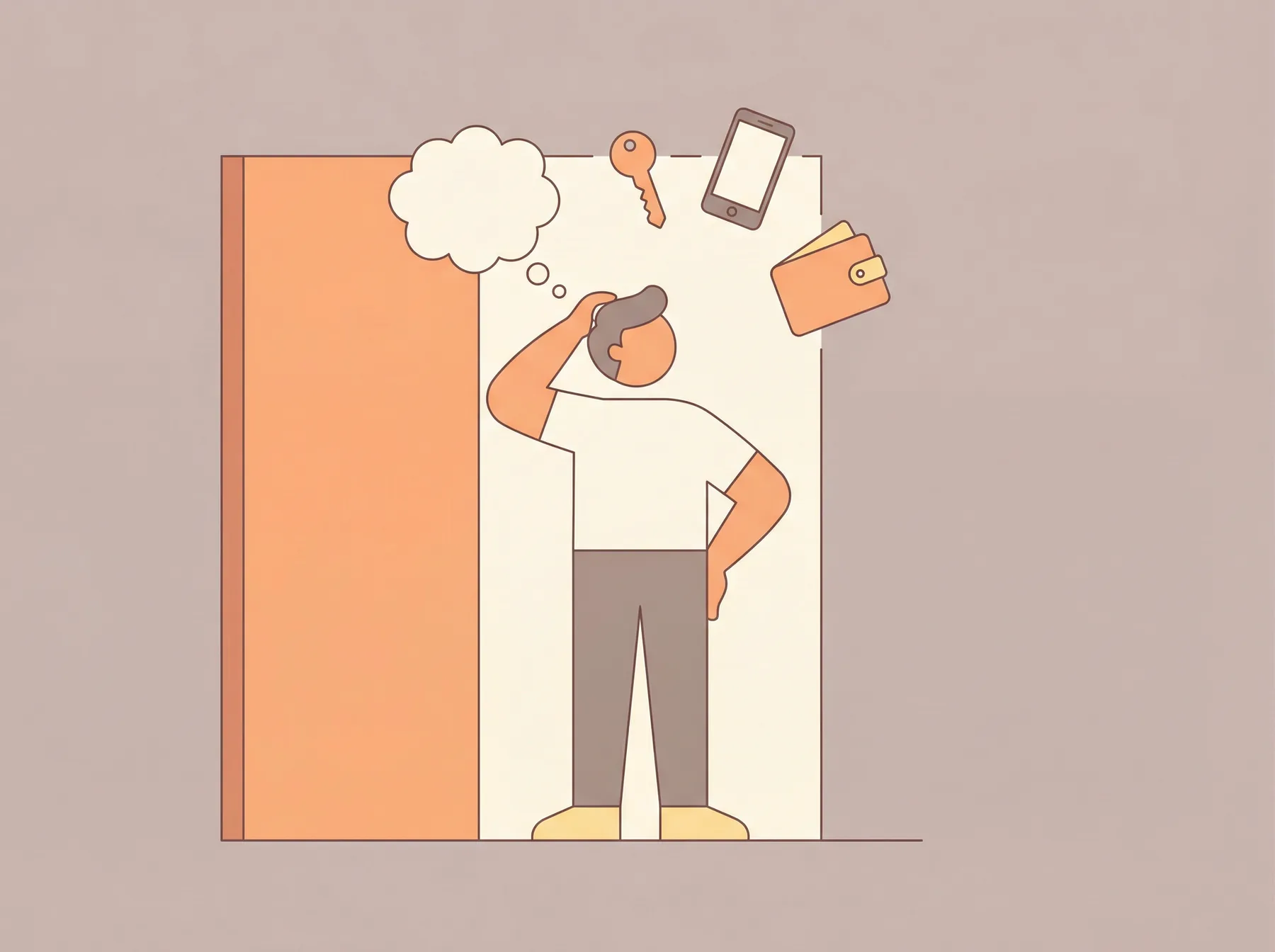 Illustration of a person standing at a door looking confused, with keys and phone floating around