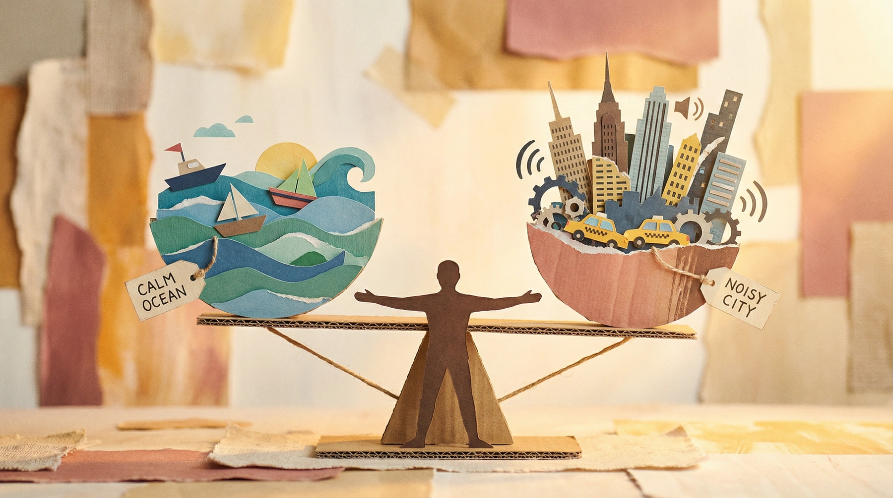 A balancing scale between calm and chaos