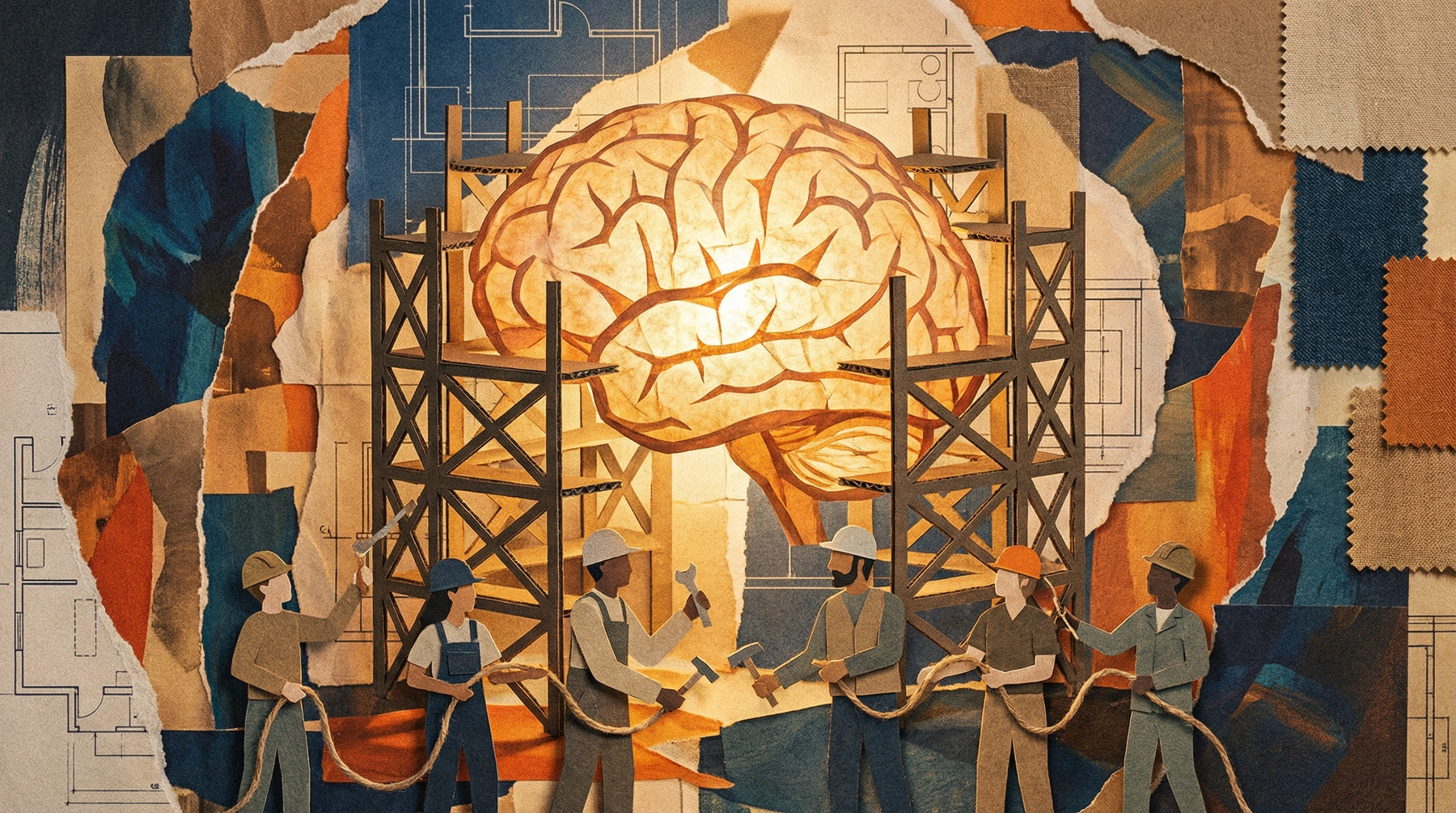 Scaffolding supporting a glowing brain lantern