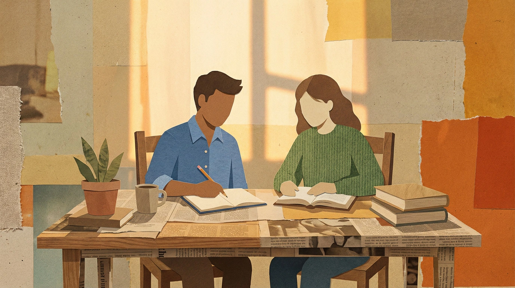 Two people working side by side at a table