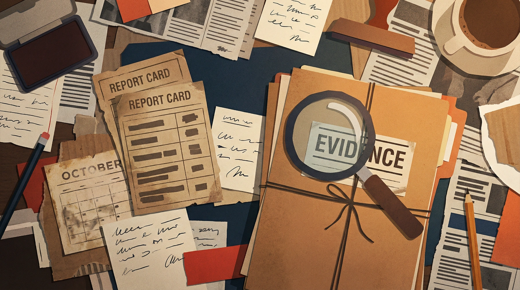 A detective desk with notes and a magnifying glass